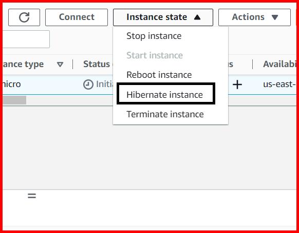 Picture showing the Hibernate Instance option for hibernating the EC2 instance